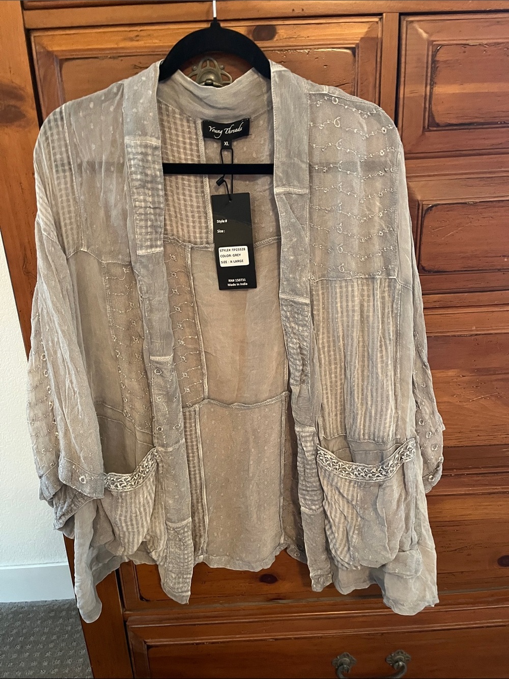 Young Threads Women's Light Gray Embroidered Patchwork Cardigan NWT Size XL
